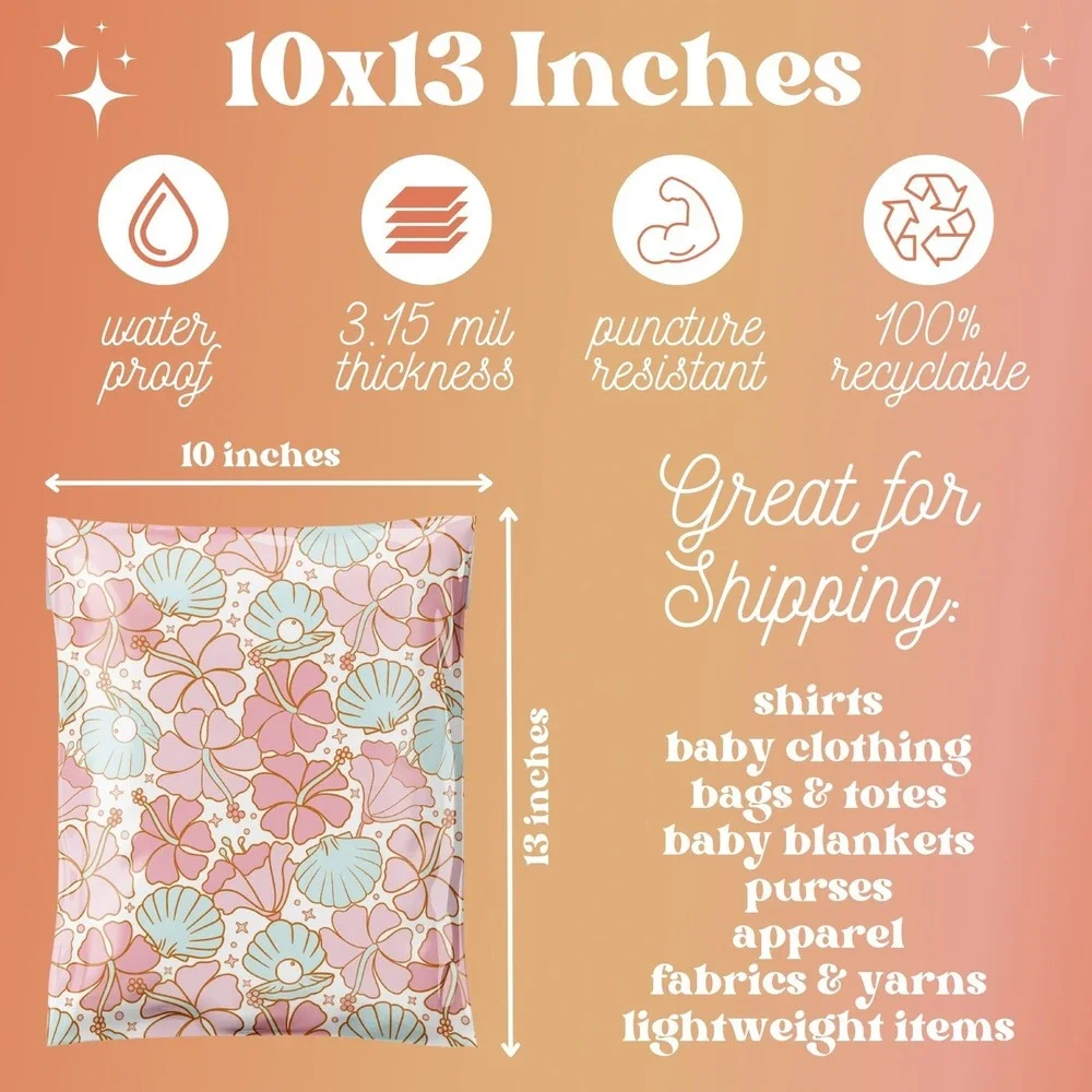 Beachy Sea Shells Poly Mailers 10x13 Inch 100 Pack Shipping Supplies Spring